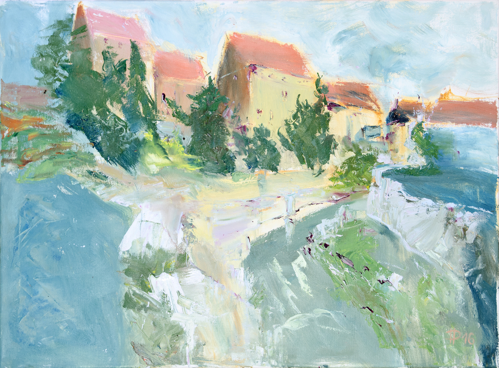 Stromky mezi domky, 2016, olej na plátně, 50 x 70 cm