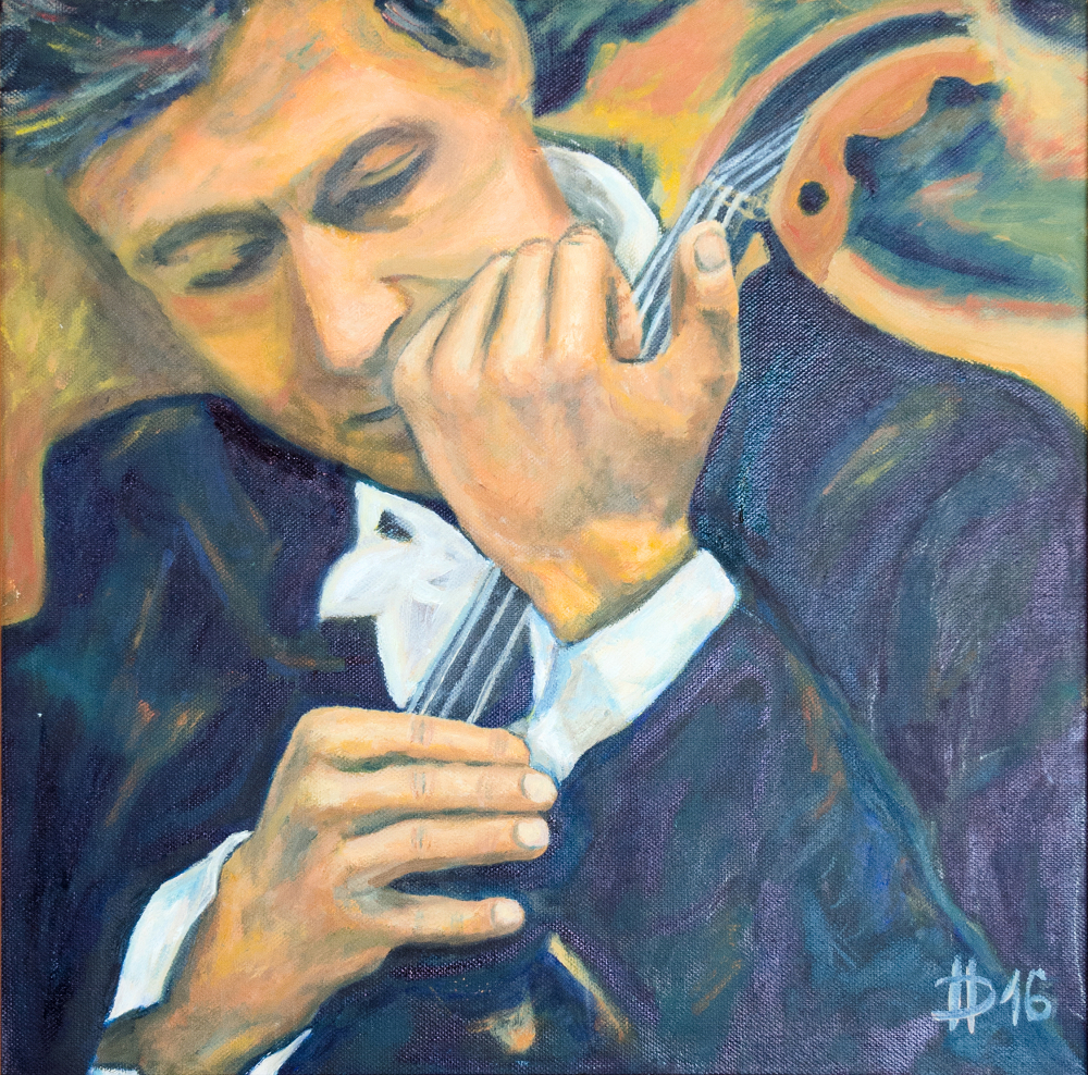 Violoncellista zapínající si těsně před započetím koncertu manžetový knoflíček, 2016, olej na plátně, 40 x 40 cm