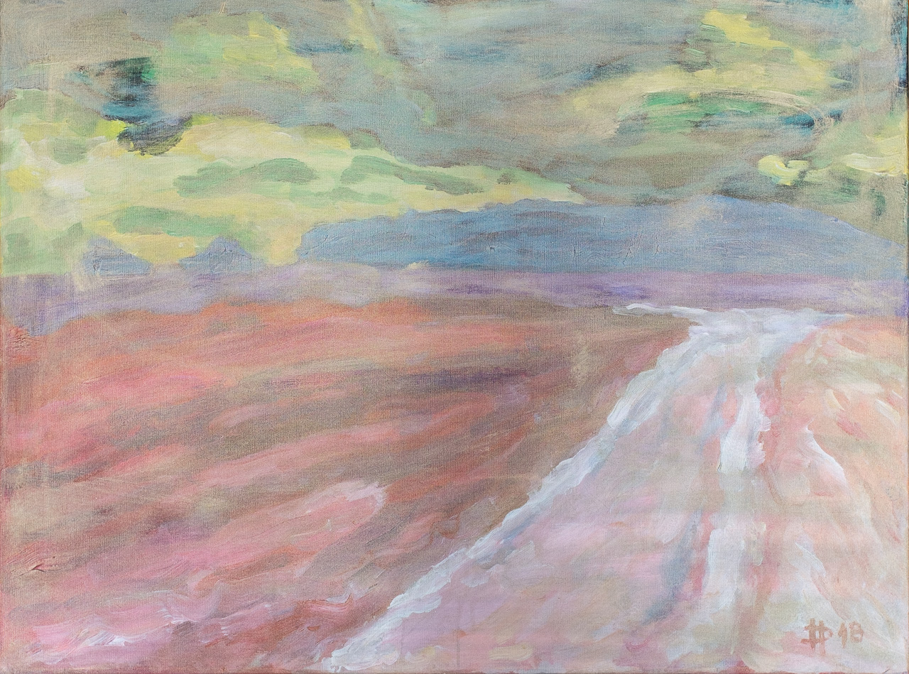 Po pláži se prošel plameňák, 2018, akryl na plátně, 60 x 80 cm