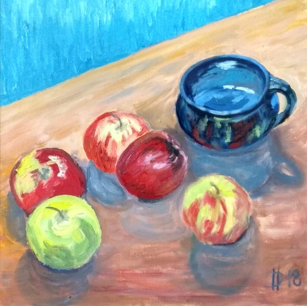Zátiší s jablky, 2018, olej na plátně, 40 x 40 cm