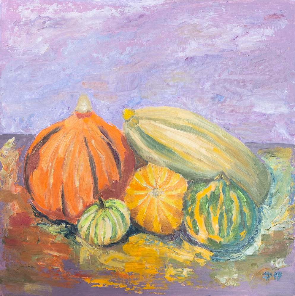 Pět dýní, 2019, akryl na dřevě, 50 x 50 cm