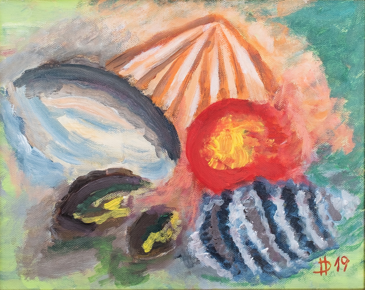 Škeble šklebící se na jablko,2019, olej na plátně, 25 x 30 cm