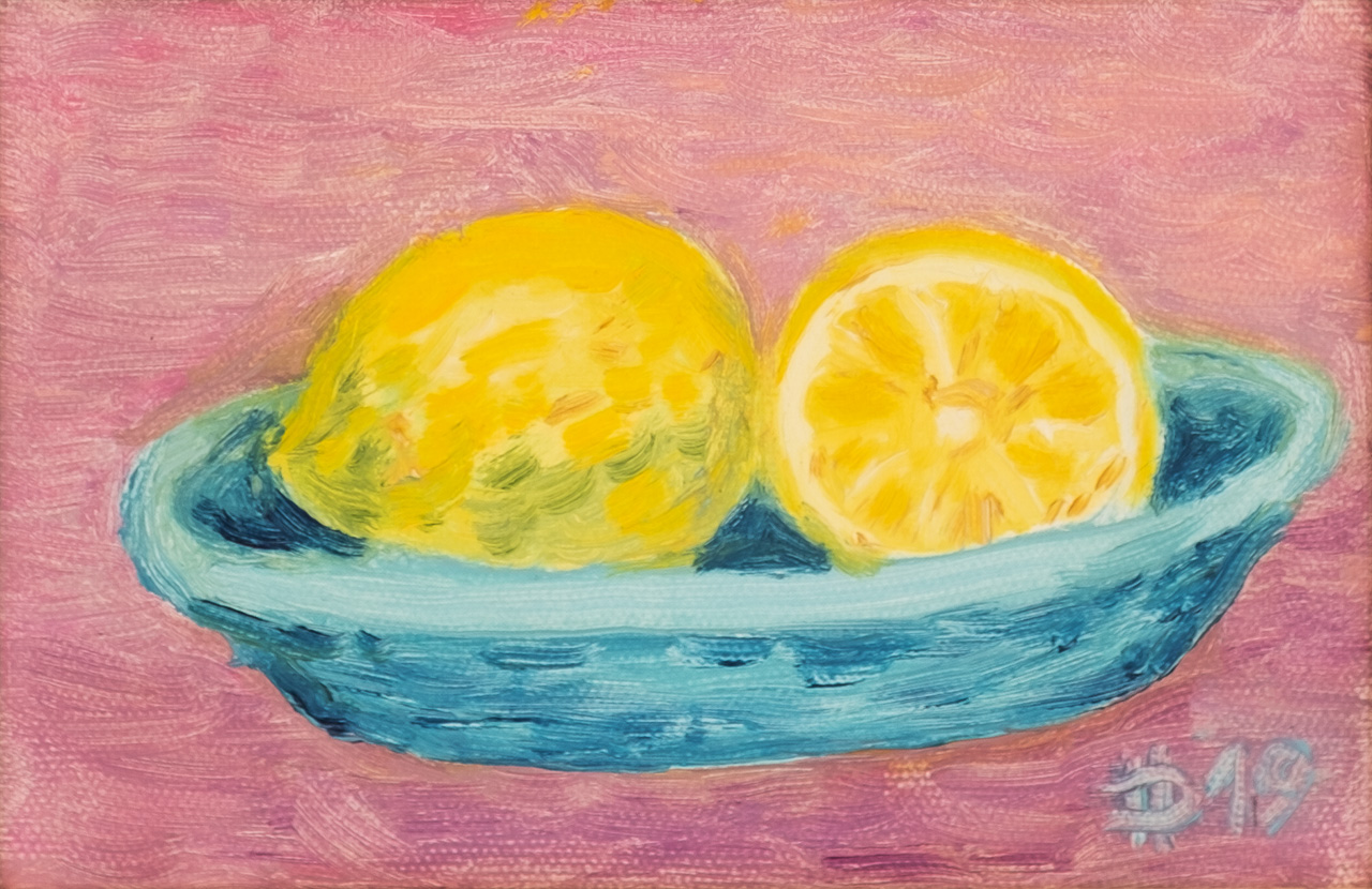 Jeden a půl citronu, 2019, olej na plátně, 12 x 18 cm