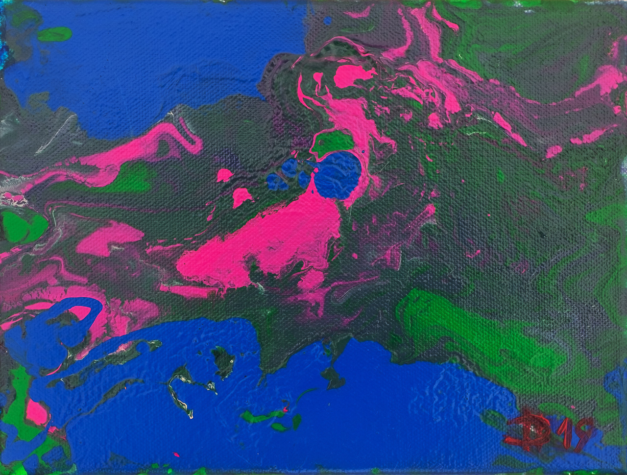 Tekoucí barvy II, 2019, akryl na plátně, 18 x 24 cm
