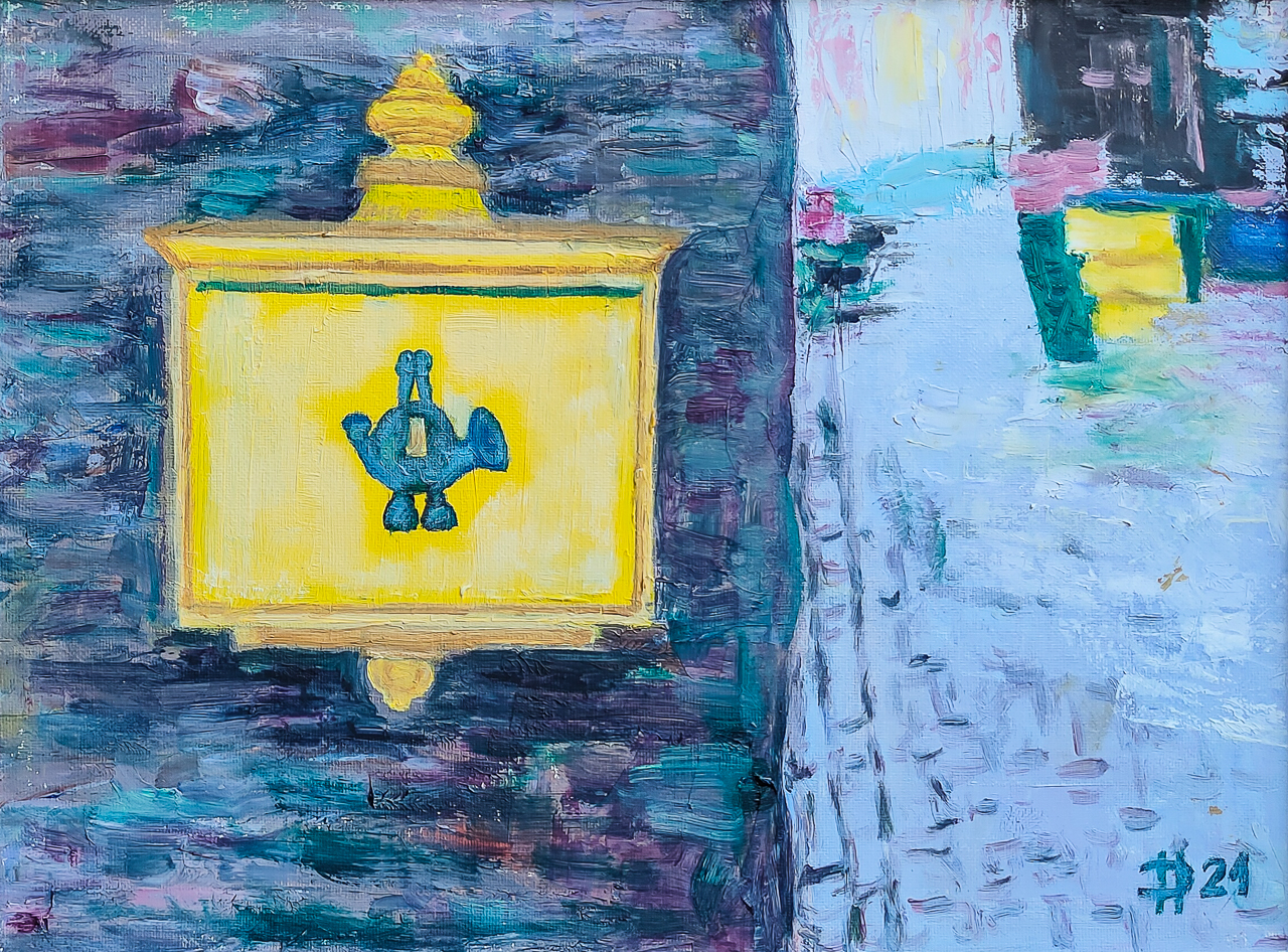 Poštovní schránka na rohu ulice, 2021, olej na plátně, 30 x 40 cm