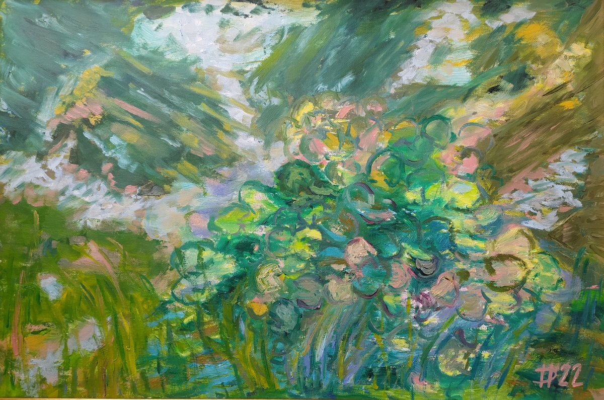 Probarvené lekníny, 2022, olej na plátně, 60 x 50 cm