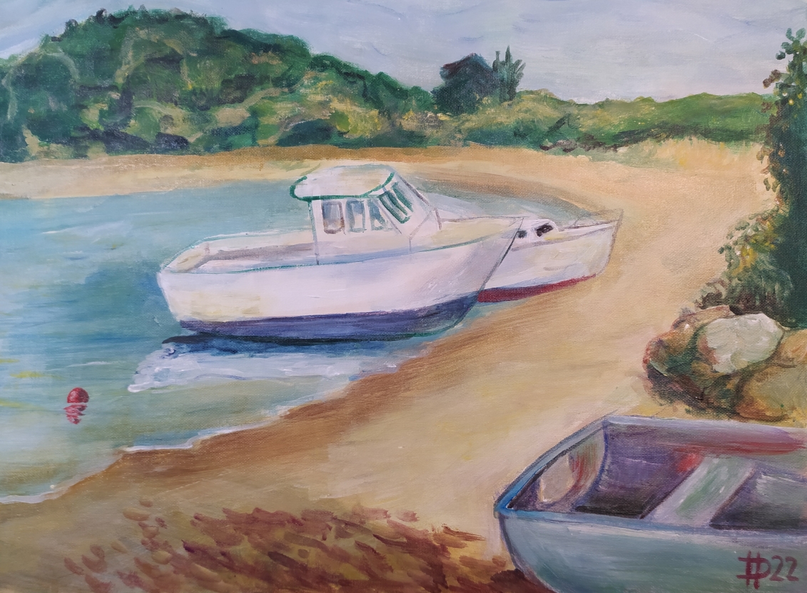 Bretaň: Loďka před odlivem, 2022, akryl na plátně, 46 x 33cm