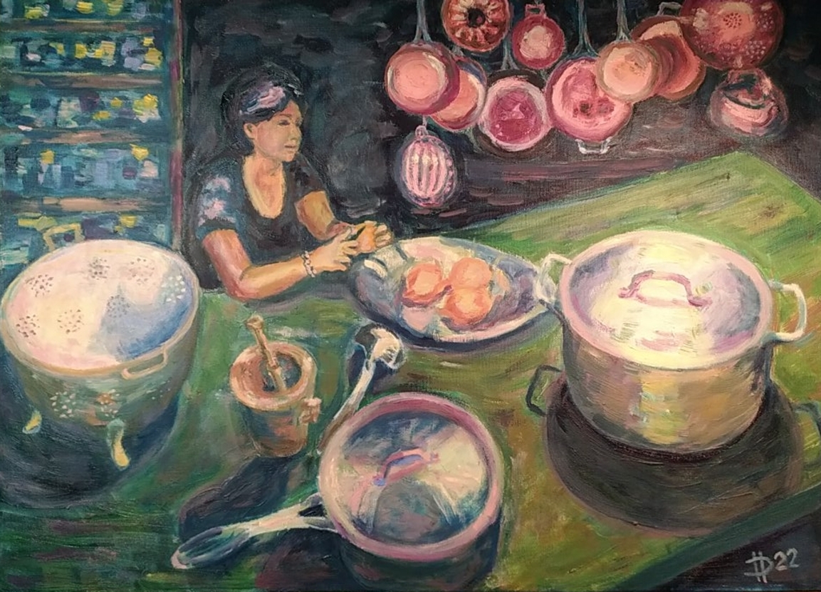 Loupačka cibule, 2022, olej na plátně, 70 x 50 cm