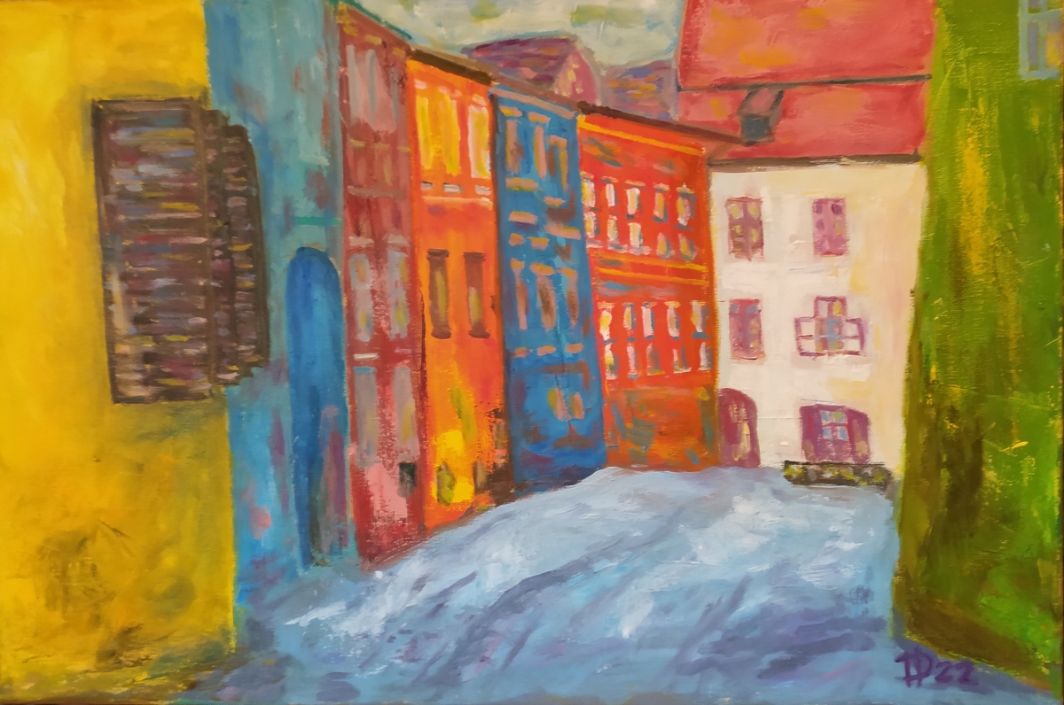 Pestrobarevná ulička, 2022, olej na plátně, 40 x 60 cm