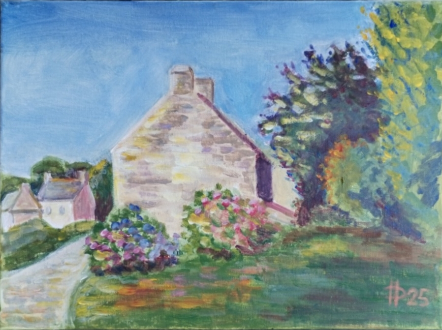 Bretaň: Dům s hortenziemi, 2025, akryl na plátně, 30 x 40 cm