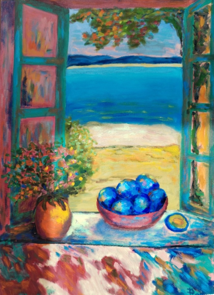 Henri se dívá z okna, 2025, olej na plátně, 70 x 50 cm