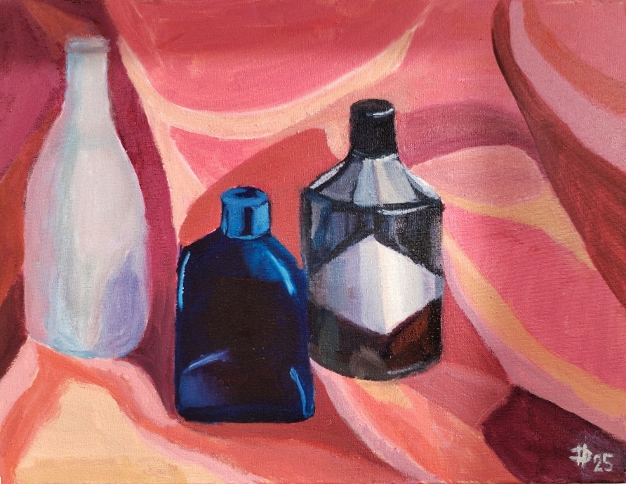 Růžové zátiší, 2025, olej  na plátně, 30 x 40 cm